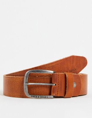 Jack & Jones smooth leather belt with logo buckle in brown - ASOS Price Checker