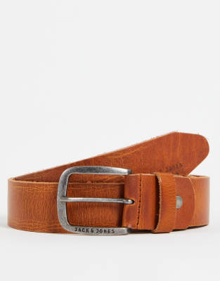 Jack & Jones smooth leather belt with logo buckle in brown - ASOS Price Checker