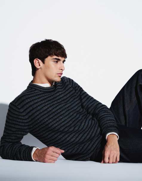 Jack & Jones soft fluffy crew neck jumper in grey stripe - view 1