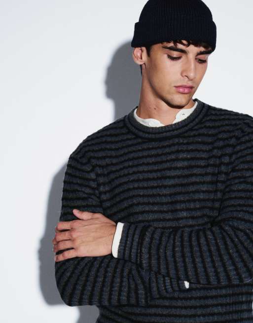 Jack & Jones soft fluffy crew neck jumper in grey stripe, 3 of 5