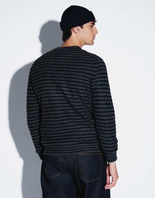 Jack & Jones soft fluffy crew neck jumper in grey stripe, 4 of 5