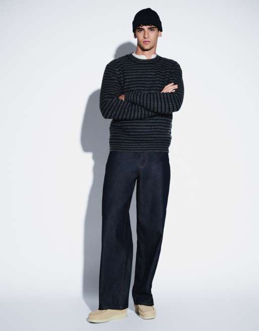 Jack & Jones soft fluffy crew neck sweater in gray stripe, 2 of 5