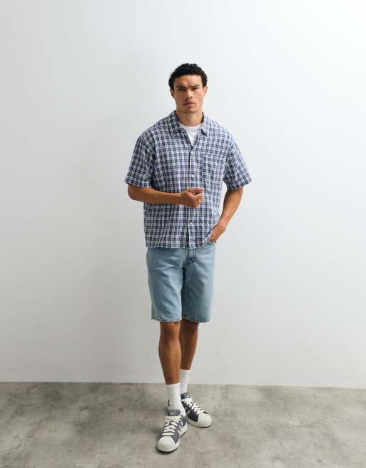 Jack & Jones - Sort cropped skjorte i hørblanding med tern og korte ærmer, 2 af 7