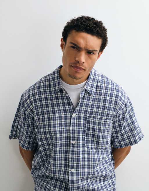 Jack & Jones - Sort cropped skjorte i hørblanding med tern og korte ærmer, 5 af 7