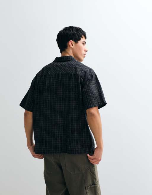Jack & Jones - Sort cropped skjorte i hørblanding med tern og korte ærmer, 5 af 7