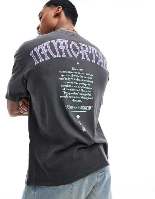 Jack & Jones - Sort, forvasket og oversized T-shirt med immortal-print på ryggen