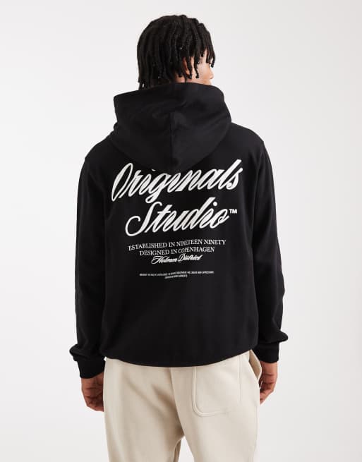 Jack & Jones - Sort oversized hættetrøje med 'Originals'-print på ryggen