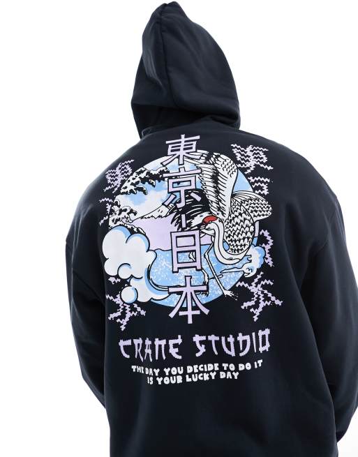 Jack & Jones - Sort oversized hættetrøje med print på ryggen 