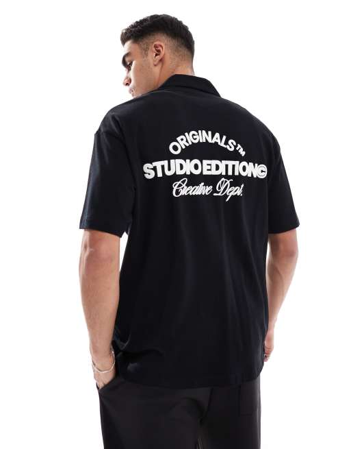 Jack & Jones - Sort oversized skjorte med 'Originals'-print på ryggen 