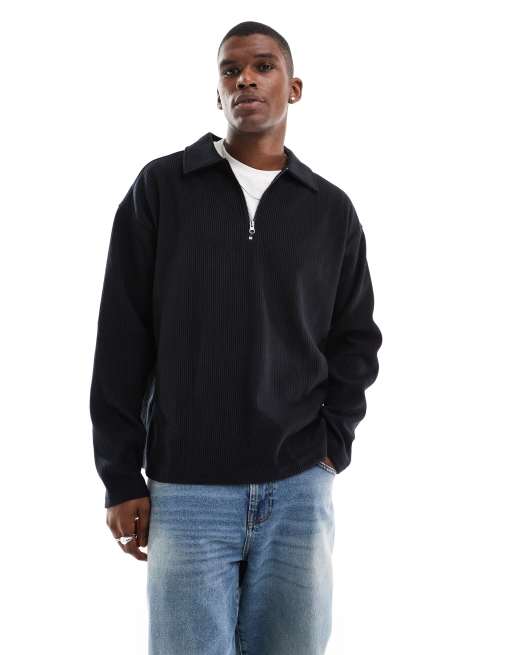 Jack & Jones - Sort oversized sweatshirt med polokrave og plisseringer