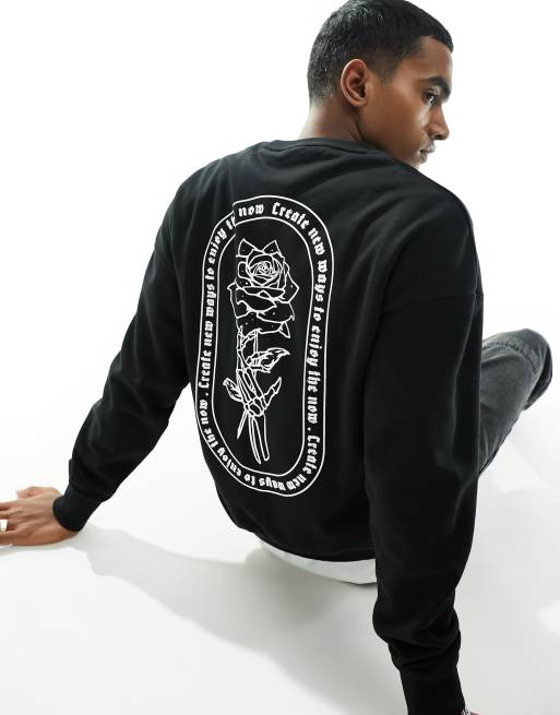 Jack & Jones - Sort oversized sweatshirt med rund hals og skelet- og rosenprint på ryggen