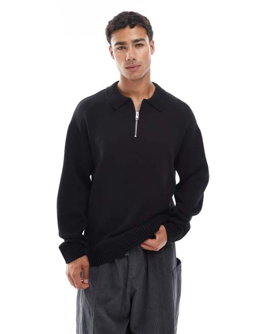 Jack & Jones - Sort strikket oversized poloskjorte med kvart lynlås
