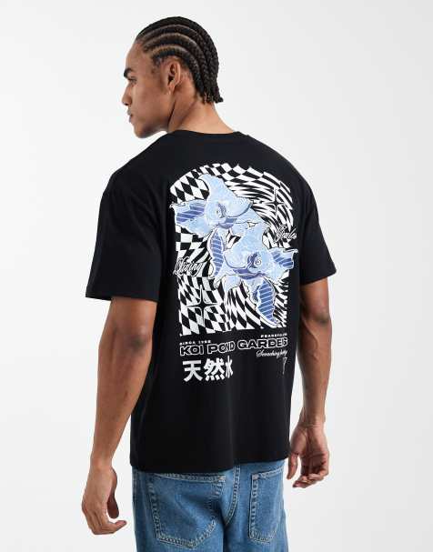 Jack & Jones - Sort T-shirt med blåt print med koi-karpe på ryggen - view 1