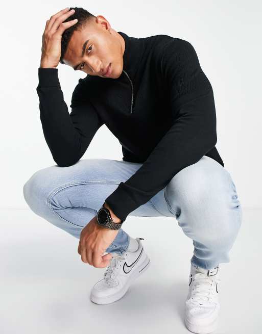Jack & Jones - Sort trøje med 1/4 lynlås i bomuldsblanding