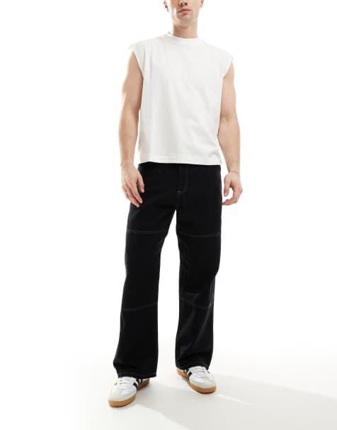 Jack & Jones - Sorte tømrerbukser med kontrasterende syninger i poset pasform - view 1
