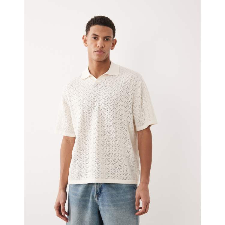 Jack & Jones split neck crochet knit polo in off white | ASOS