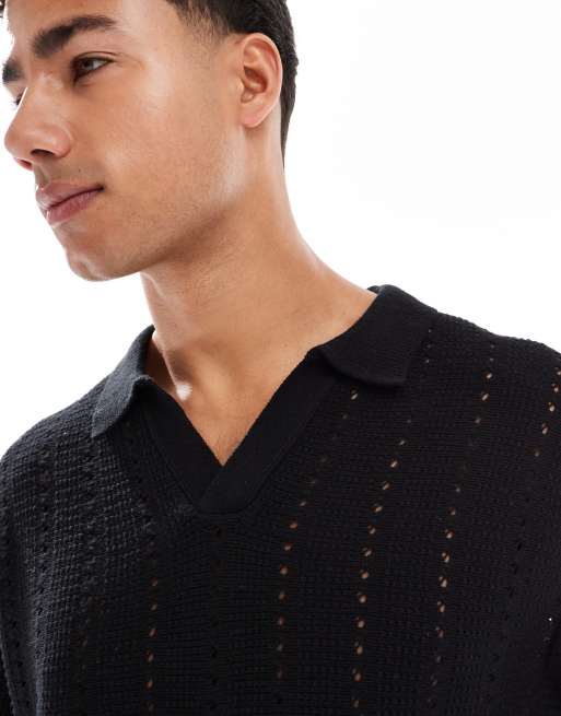 Jack & Jones split neck crochet polo shirt in black