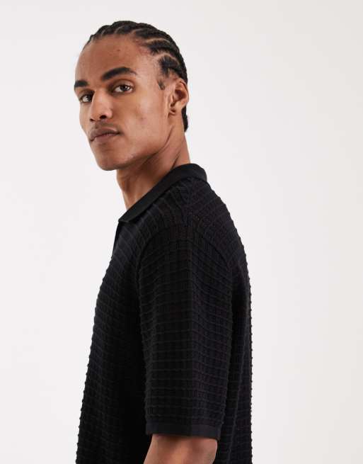 Jack & Jones split neck knit polo shirt in black, 4 of 5