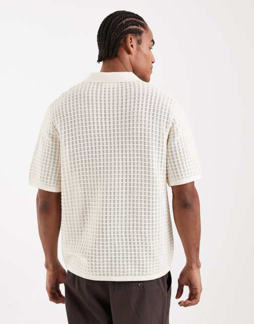 Jack & Jones split neck knit polo shirt in cream, 3 of 5