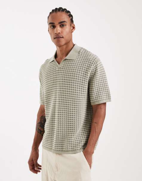 Jack & Jones split neck knit polo shirt in sage green stripes - view 1