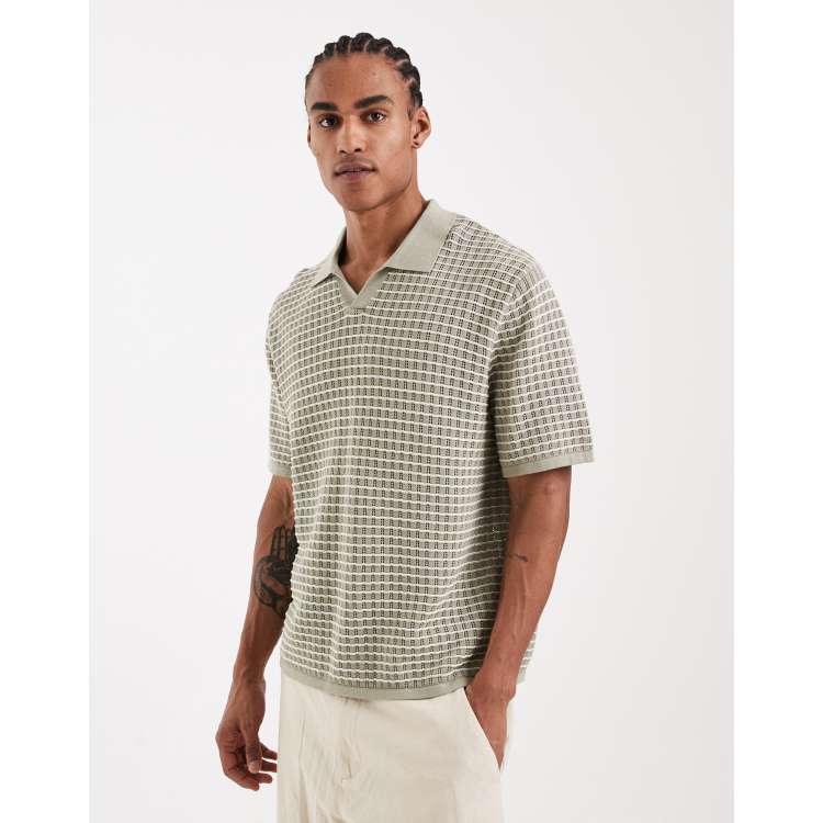 Jack & Jones split neck knit polo shirt in sage green stripes | ASOS