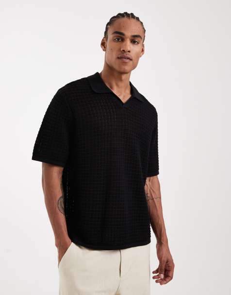 Jack & Jones split neck knitted polo in black - view 1
