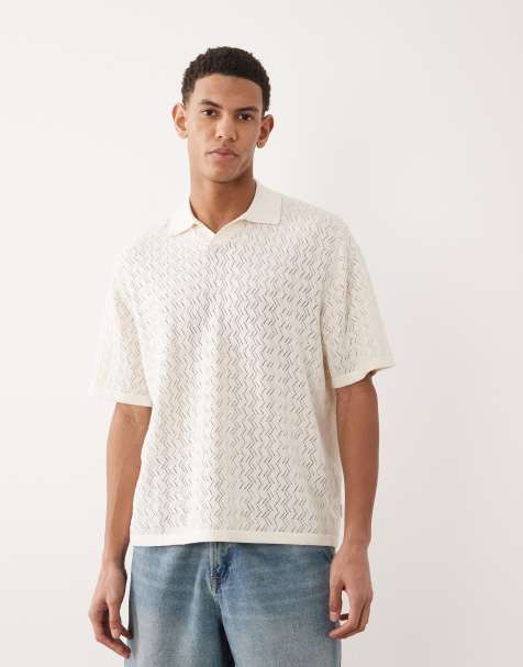 Jack & Jones split neck polo crochet knit in off white - view 1