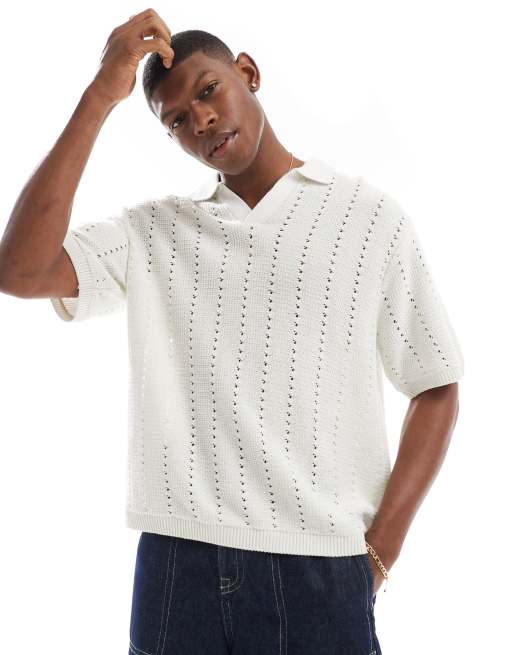 Jack & Jones split neck polo in crochet in white