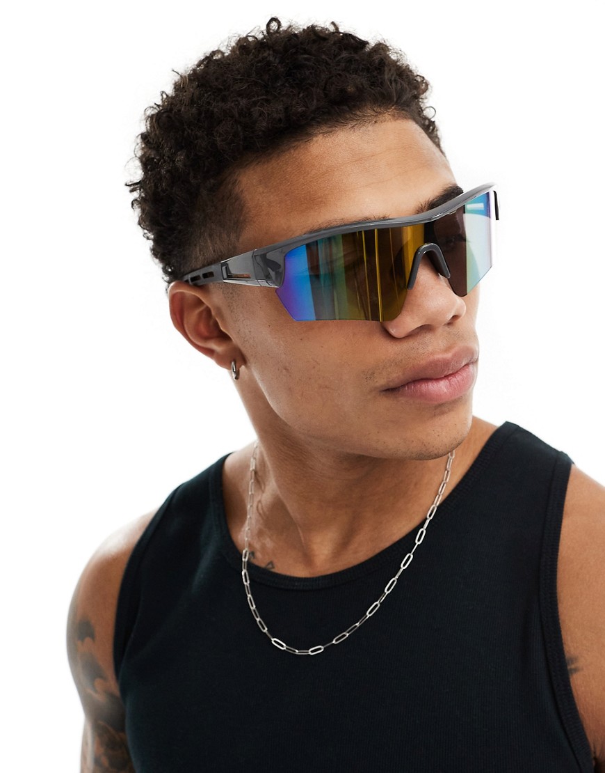 Jack & Jones Sports Wrap Sunglasses In Gray With Multi Colored Lense In Blue