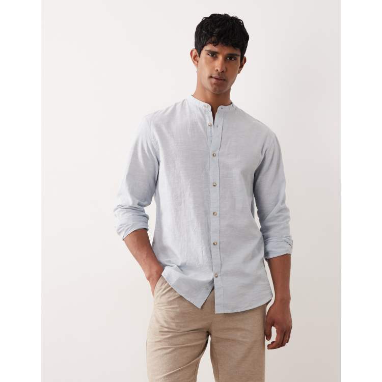 Jack & Jones stand collar linen blend long sleeve shirt in light