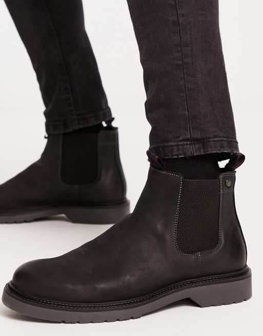 Jack & Jones - Stivaletti Chelsea in pelle neri con suola a coste , 4 di 4
