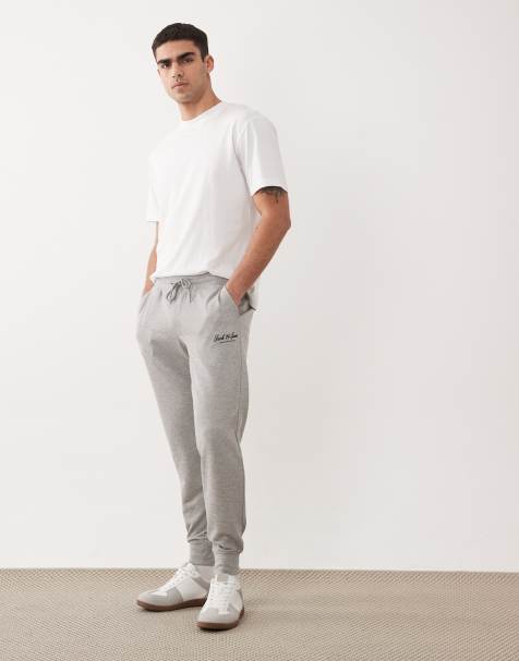 Jack & Jones straight fit cuffed trackies with logo in light grey - view 1