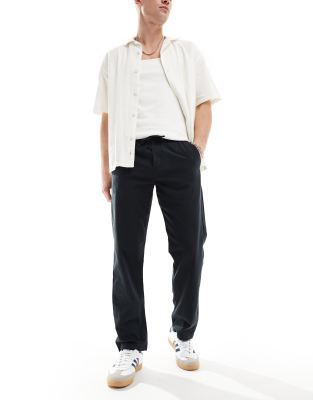 Jack & Jones Straight Leg Pull On Linen Mix Pants In Black In Black