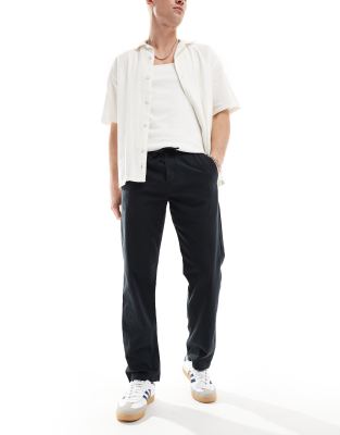 Jack & Jones Straight Leg Pull On Linen Mix Pants In Black