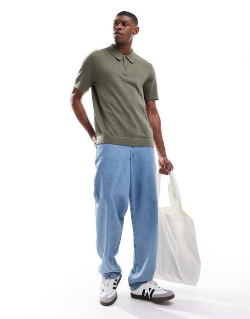 Jack Jones – Strick-Polohemd in Khaki mit Reißverschluss ASOS