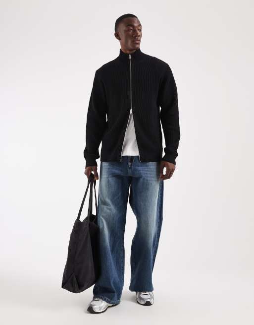 Jack & Jones Strickjacke mit doppeltem Reißverschluss und Rippstruktur in Schwarz, 2 von 5