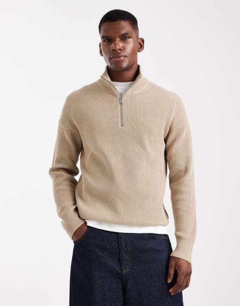 Jack & Jones – Strickpullover in Beige mit kurzem Reißverschluss - view 1