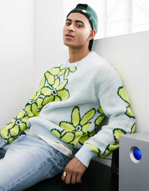 Jack & Jones – Strickpullover in Blau mit Jacquardmuster und Blumendesign