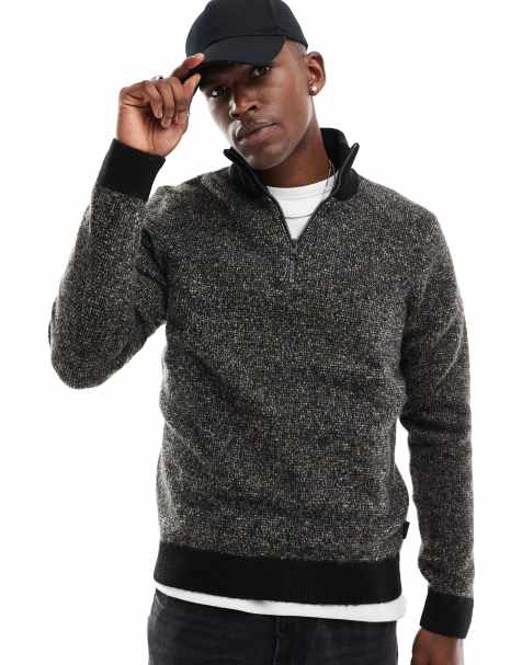 Jack & Jones – Strickpullover in Schwarz und Beige mit kurzem Reißverschluss und Noppenstruktur - view 1