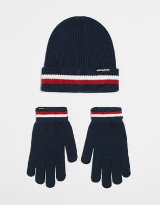 Jack & Jones Jack & Jones striped beanie and glove gift set in navy