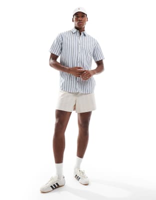 Jack & Jones Striped Short Sleeve Oxford Shirt In Blue