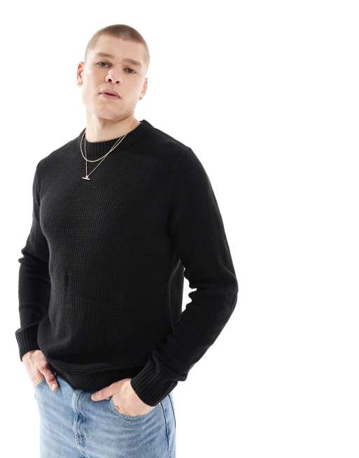 Jack & Jones – Strukturierter Pullover in Schwarz mit Rundhalsausschnitt 
