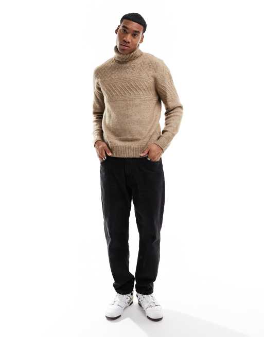 Jack & Jones – Strukturierter Strickpullover mit Rollkragen in Kamelbraun