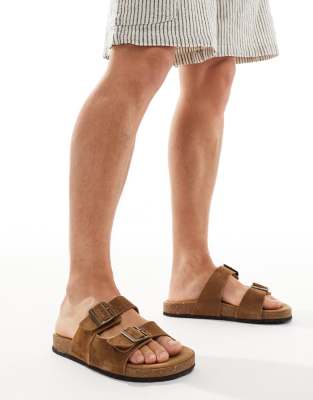 Jack & Jones Suede Double Strap Sandals In Tan-neutral