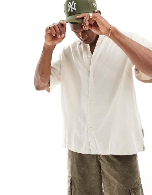 Jack & Jones super oversized button down linen shirt in beige 