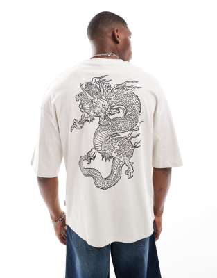 super oversized dragon back print t-shirt in beige-Neutral