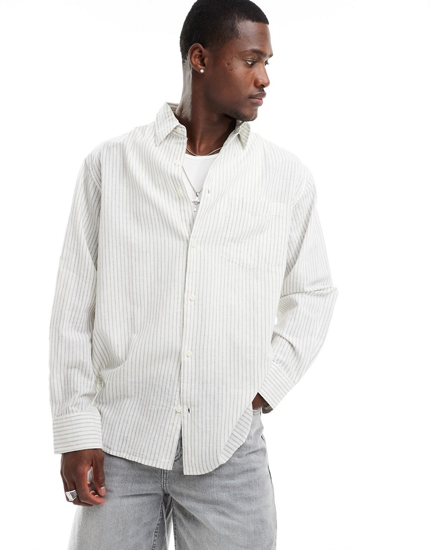 Jack & Jones super oversized striped linen long sleeve shirt in off white