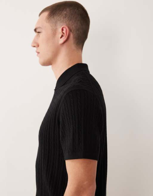 Jack & Jones – Svart, kabelstickad pikétröja med korta ärmar, 4 av 5