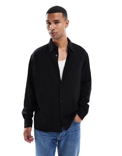 Jack & Jones – Svart overshirt i linnemix med rak fåll och textur - view 1