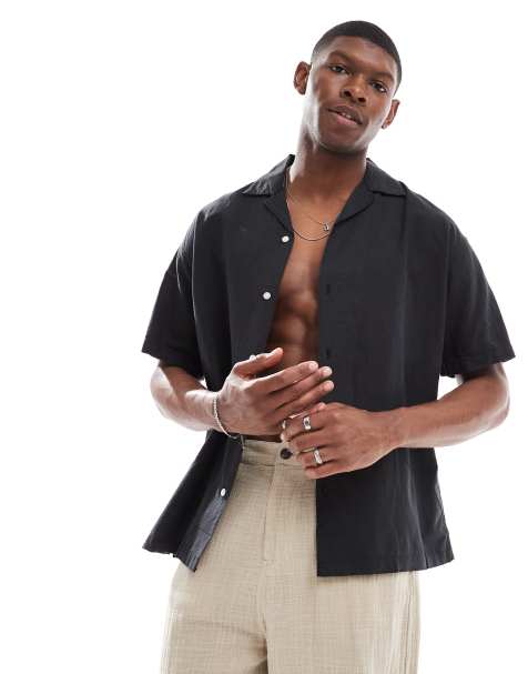 Jack & Jones – Svart skjorta i linnemix med platt krage - view 1